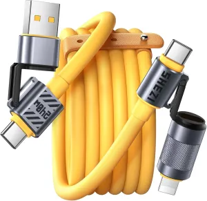 4 in 1 USB C Cable Lightning Cable,240W Fast Charging & Data Transfer,iPhone iPad Charger Cord with Lightning/Type C/USB A for iPhone 16/15/Macbook,IPad,5FT Yellow [SHEZI Series]