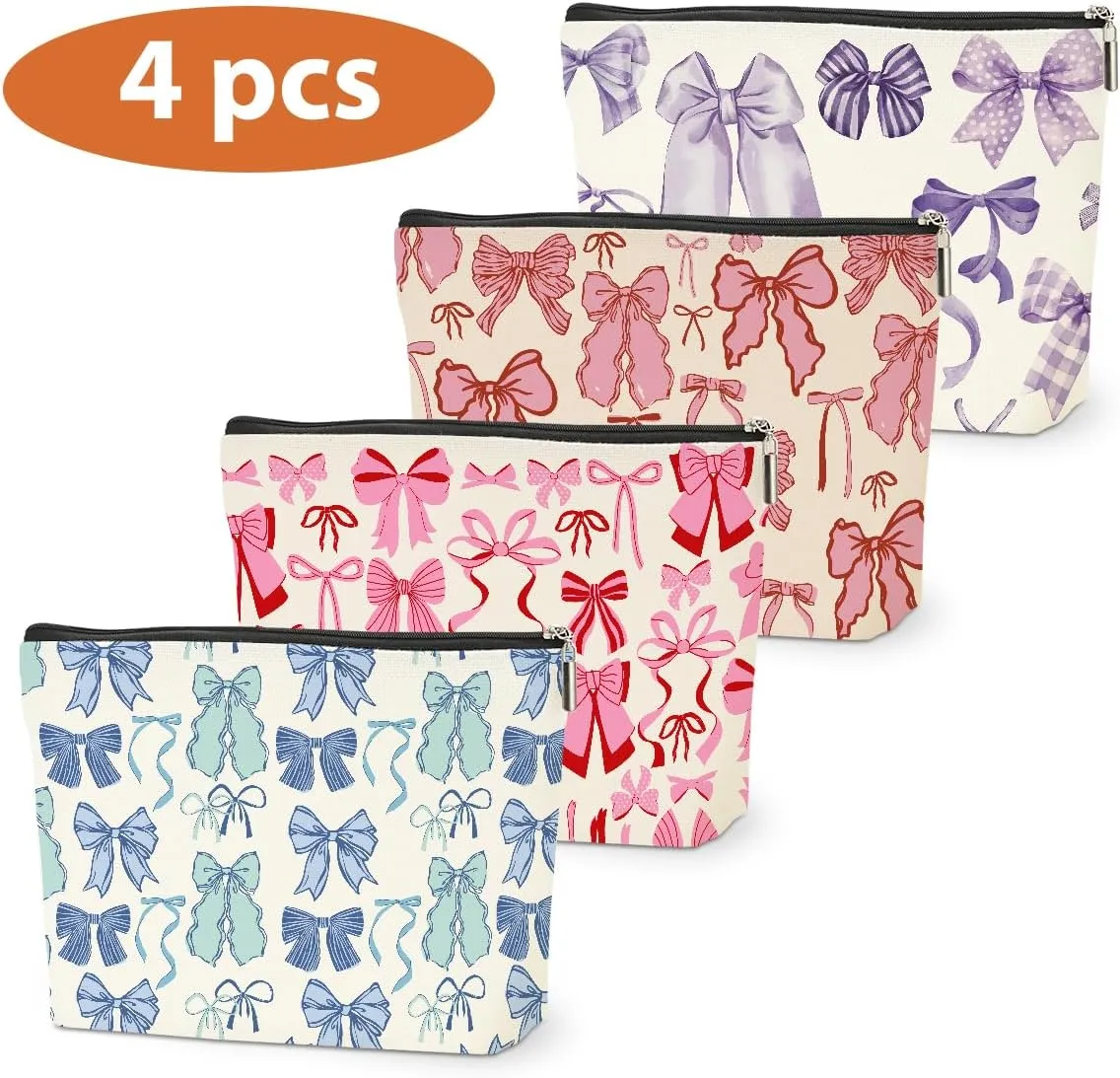 4 PCs Bow Stuff Makeup Bag Coquette Stuff Cosmetic Bag, Bow Gifts for Women Teen Girls Best Friends Daughter Coworkers, Cute Bow Stuff Christmas birthday Gifts Zipper Pouch Toiletry Bag
