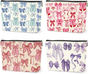 4 PCs Bow Stuff Makeup Bag Coquette Stuff Cosmetic Bag, Bow Gifts for Women Teen Girls Best Friends Daughter Coworkers, Cute Bow Stuff Christmas birthday Gifts Zipper Pouch Toiletry Bag