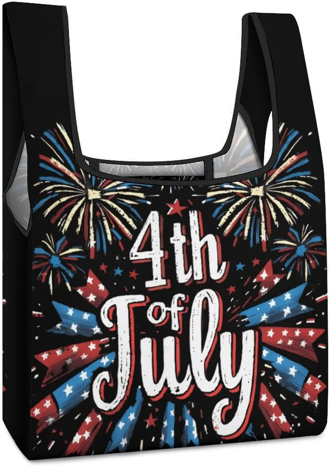 4th July US Flag Novelty Reusable Grocery Bag Fold-able Shopping Bags Washable Tote Lightweight Storage Pouch with Handle
