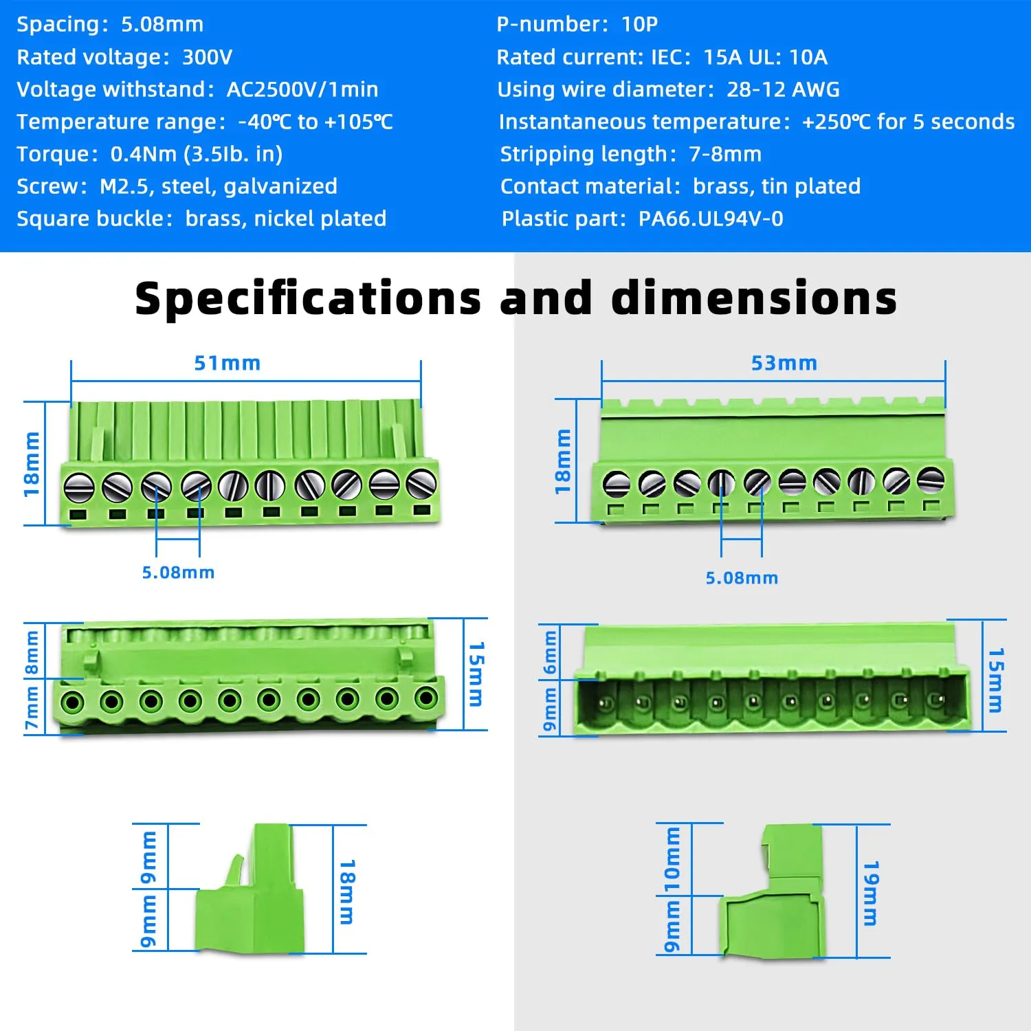5pairs 10 Pin 5.08mm Pitch PCB Mount Screw, Phoenix Type Connector Terminal Block with 5Pcs 10 Pin Plug