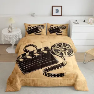 70s Movie Theme Comforter Set Full Size,Retro Movie Projector Bedding Set 3Pcs for Kids Teens Women Men Room Decor,Vintage Cinema Down Comforter Brown Black Duvet Insert,2 Pillowcases