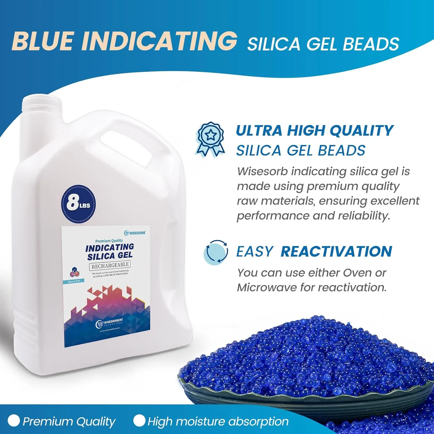 8lbs Premium Blue Desiccant Beads, Indicating Silica Gel Beads (Blue to Pink), Reusable Desiccant Dehumidifier