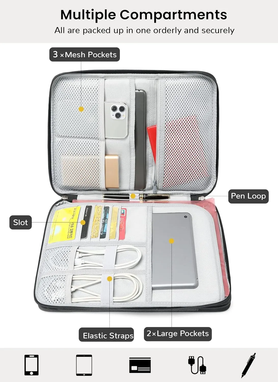 A4 Document Portable Organizer Bag Waterproof Portfolio Office Zipper Case for Travel Office Business Holiday Meeting Interview (Dark Grey)