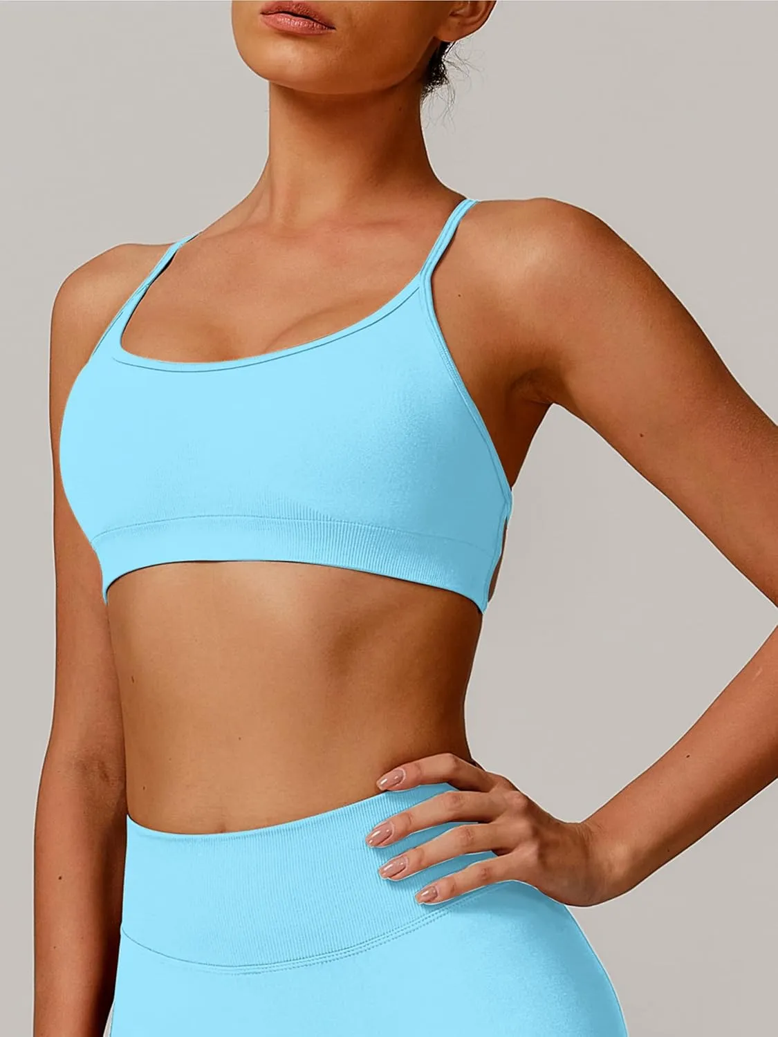 ABOCIW Womens Seamless Backless Sports Bra Open Back Strappy Workout Bras Low Support Criss-Cross Yoga Gym Bra