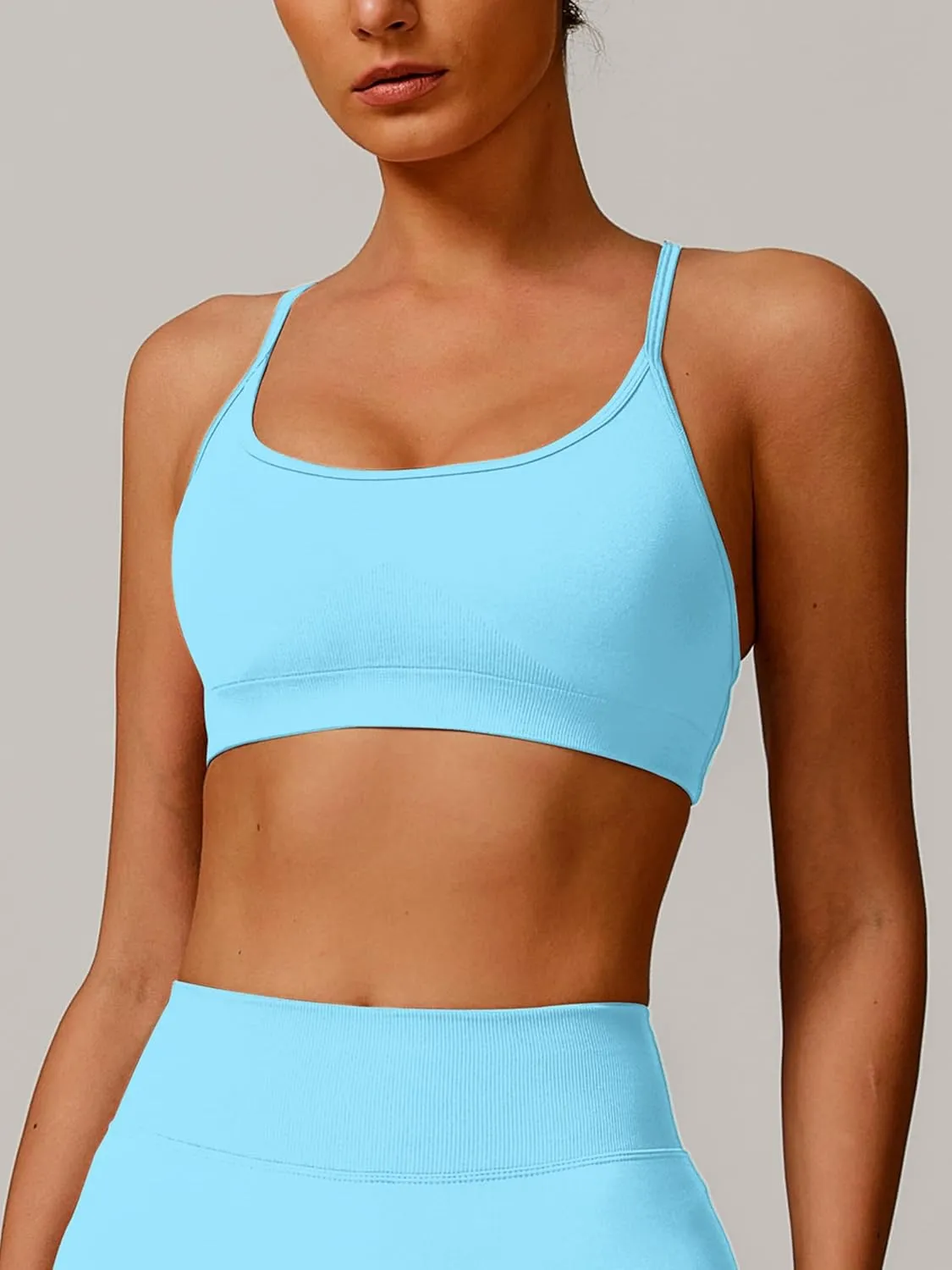 ABOCIW Womens Seamless Backless Sports Bra Open Back Strappy Workout Bras Low Support Criss-Cross Yoga Gym Bra