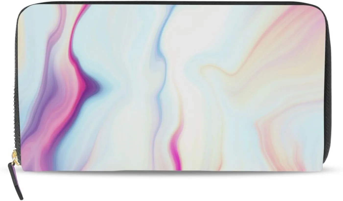 Abstract Liquid Marble Agate Slab Paint Pastel Pink Macro Wavy Lines Leather Long Wallet Organizer with Zipper Purse Clutch Bag for Women Men Key Card Coin Passport Checkbook 8 x 4 inch