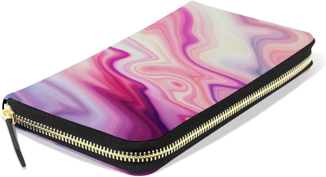 Abstract Liquid Marble Agate Slab Paint Pastel Pink Macro Wavy Lines Leather Long Wallet Organizer with Zipper Purse Clutch Bag for Women Men Key Card Coin Passport Checkbook 8 x 4 inch