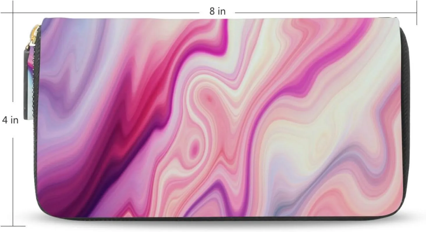 Abstract Liquid Marble Agate Slab Paint Pastel Pink Macro Wavy Lines Leather Long Wallet Organizer with Zipper Purse Clutch Bag for Women Men Key Card Coin Passport Checkbook 8 x 4 inch