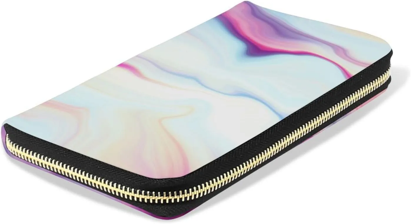 Abstract Liquid Marble Agate Slab Paint Pastel Pink Macro Wavy Lines Leather Long Wallet Organizer with Zipper Purse Clutch Bag for Women Men Key Card Coin Passport Checkbook 8 x 4 inch