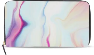 Abstract Liquid Marble Agate Slab Paint Pastel Pink Macro Wavy Lines Leather Long Wallet Organizer with Zipper Purse Clutch Bag for Women Men Key Card Coin Passport Checkbook 8 x 4 inch