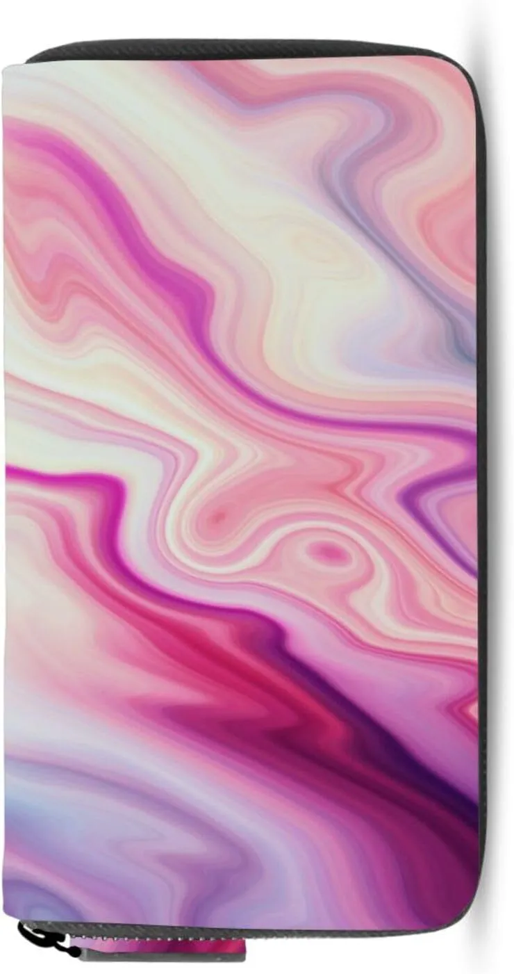 Abstract Liquid Marble Agate Slab Paint Pastel Pink Macro Wavy Lines Leather Long Wallet Organizer with Zipper Purse Clutch Bag for Women Men Key Card Coin Passport Checkbook 8 x 4 inch