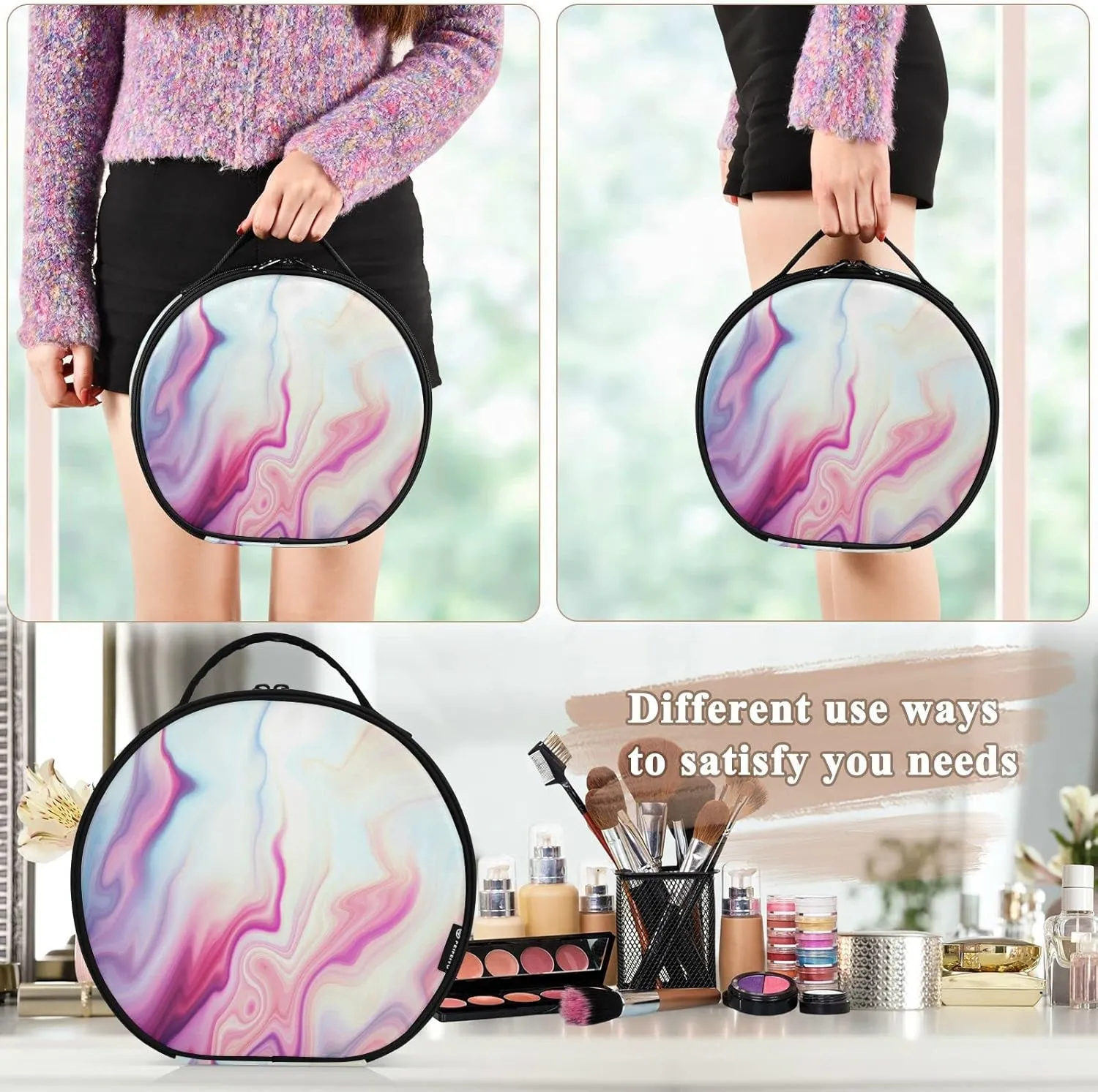 Abstract Liquid Marble Agate Slab Paint Pastel Pink Macro Wavy Lines Women's Portable Round Makeup Bag with Handle, Cosmetic Bag, Adjustable Dividers, Travel Cosmetic Storage 11 x 3.5 x 10 inch