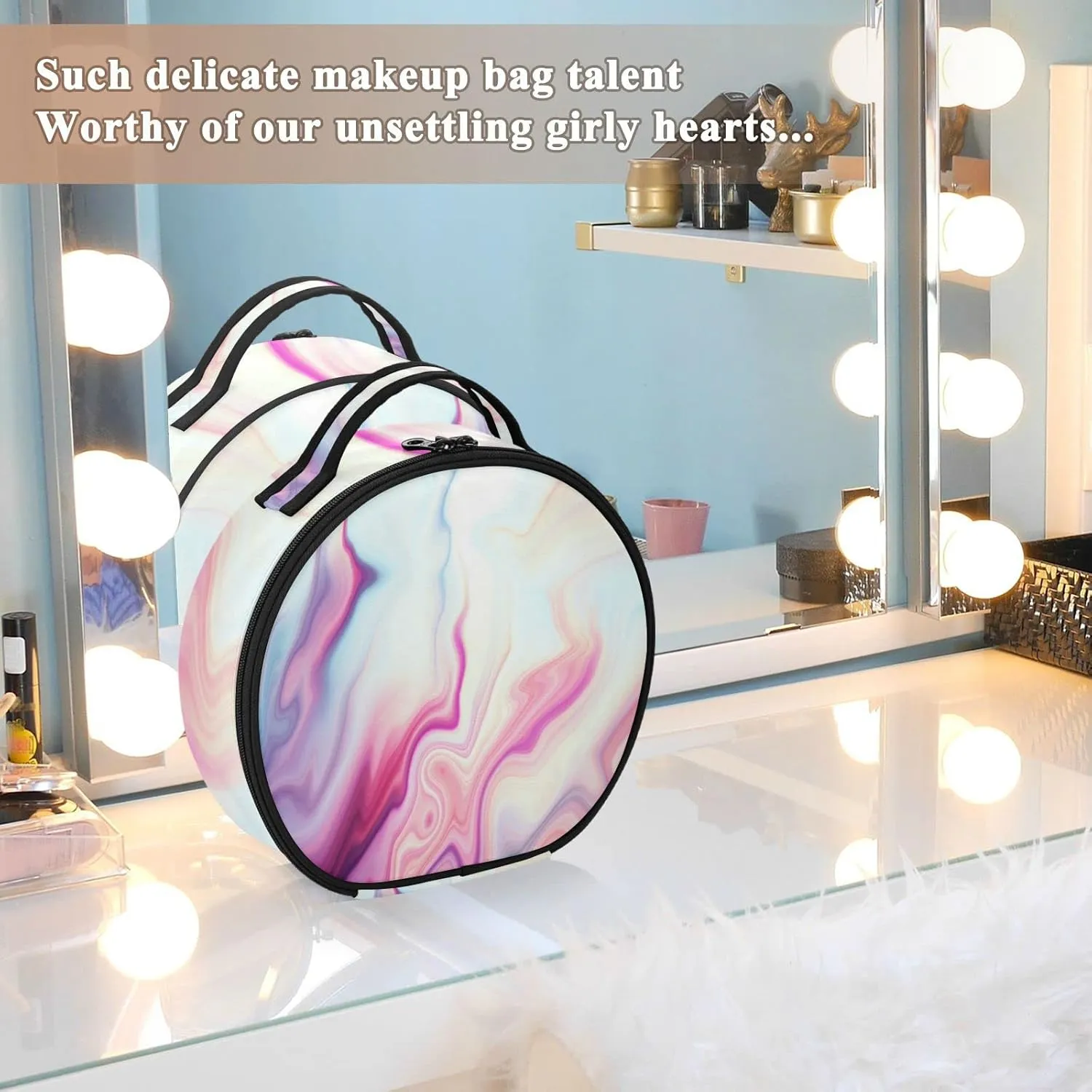 Abstract Liquid Marble Agate Slab Paint Pastel Pink Macro Wavy Lines Women's Portable Round Makeup Bag with Handle, Cosmetic Bag, Adjustable Dividers, Travel Cosmetic Storage 11 x 3.5 x 10 inch