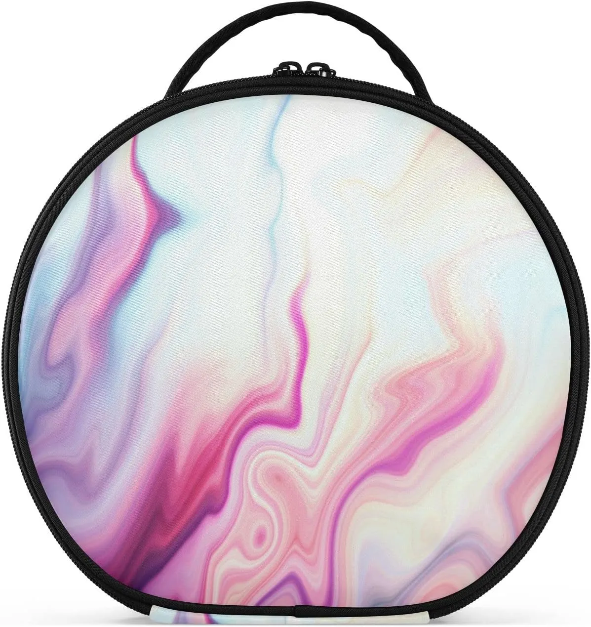 Abstract Liquid Marble Agate Slab Paint Pastel Pink Macro Wavy Lines Women's Portable Round Makeup Bag with Handle, Cosmetic Bag, Adjustable Dividers, Travel Cosmetic Storage 11 x 3.5 x 10 inch