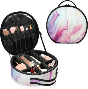 Abstract Liquid Marble Agate Slab Paint Pastel Pink Macro Wavy Lines Women's Portable Round Makeup Bag with Handle, Cosmetic Bag, Adjustable Dividers, Travel Cosmetic Storage 11 x 3.5 x 10 inch