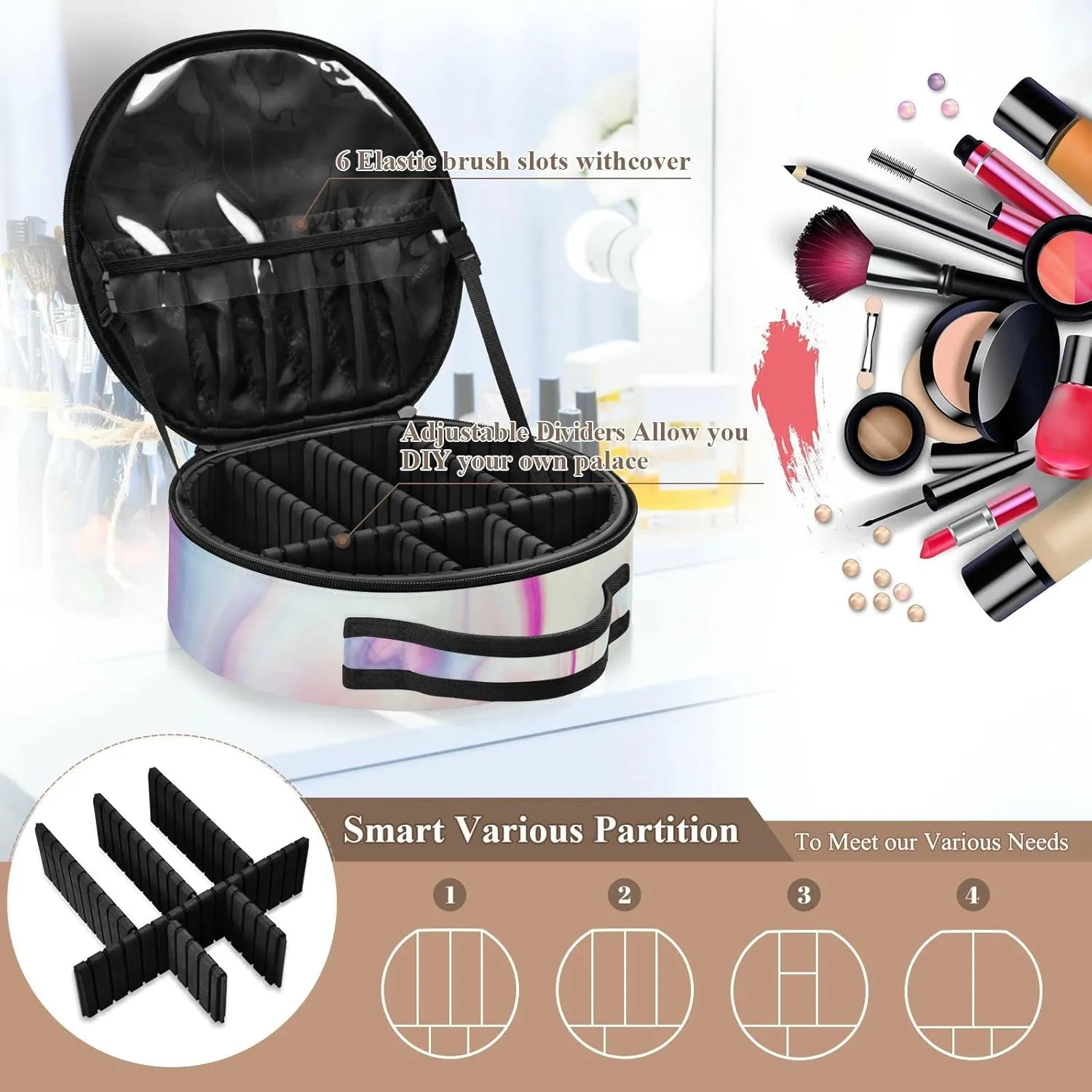 Abstract Liquid Marble Agate Slab Paint Pastel Pink Macro Wavy Lines Women's Portable Round Makeup Bag with Handle, Cosmetic Bag, Adjustable Dividers, Travel Cosmetic Storage 11 x 3.5 x 10 inch