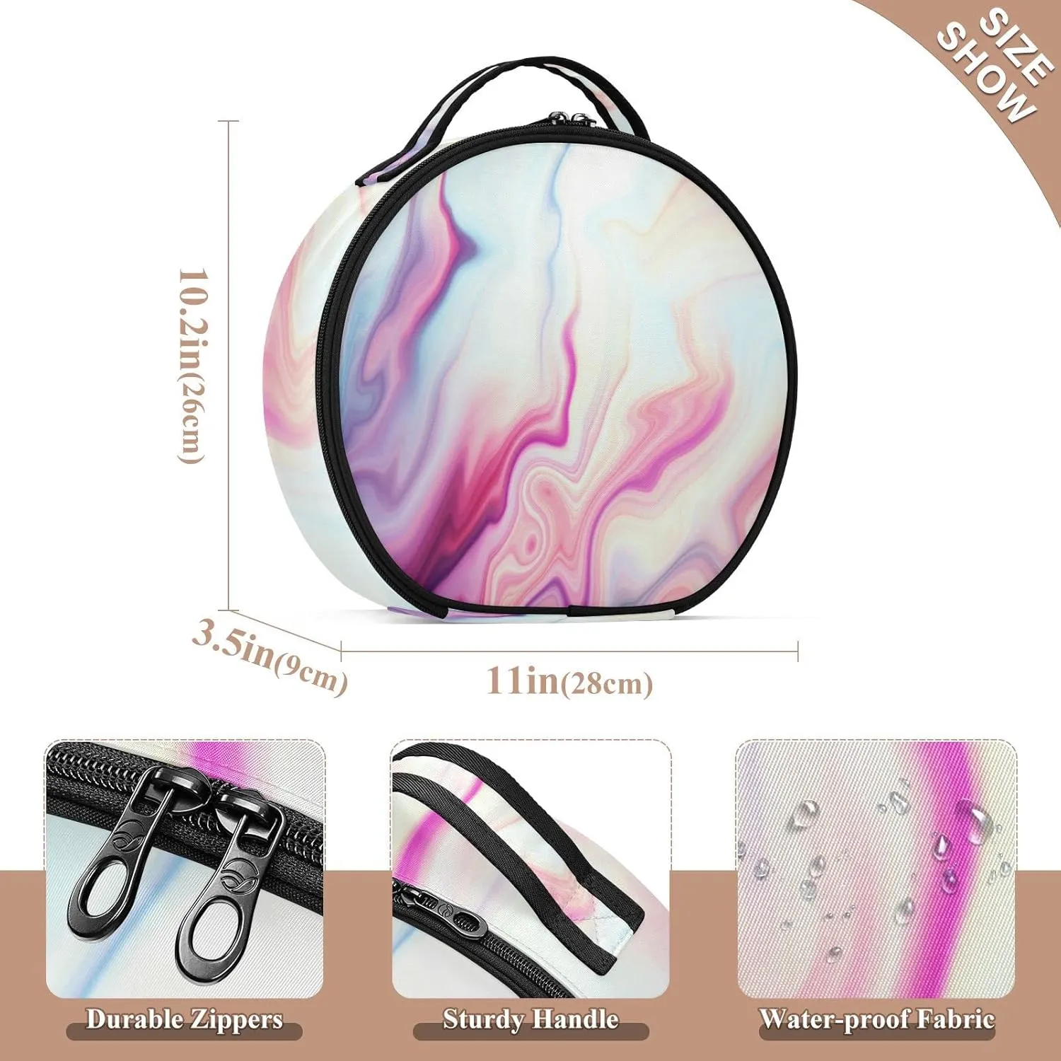 Abstract Liquid Marble Agate Slab Paint Pastel Pink Macro Wavy Lines Women's Portable Round Makeup Bag with Handle, Cosmetic Bag, Adjustable Dividers, Travel Cosmetic Storage 11 x 3.5 x 10 inch