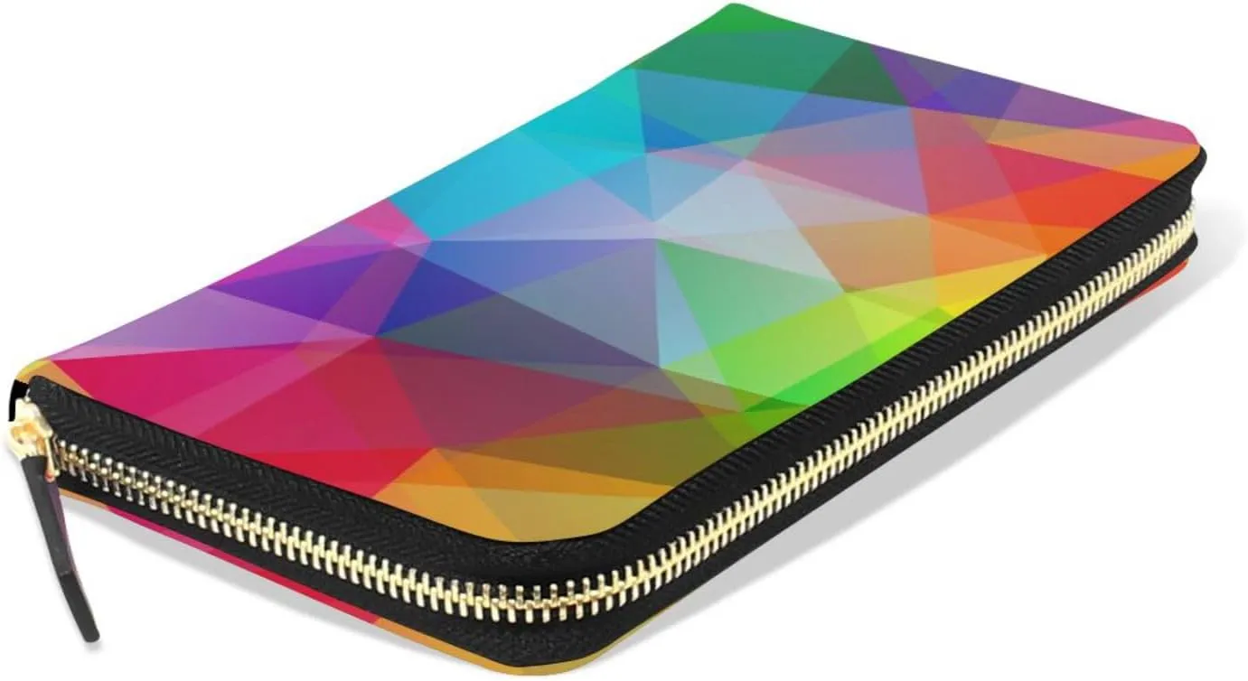 Abstract Seamless Triangles in Colorful Gradient Pattern Leather Long Wallet Organizer with Zipper Purse Clutch Bag for Women Men Key Card Coin Passport Checkbook 8 x 4 inch