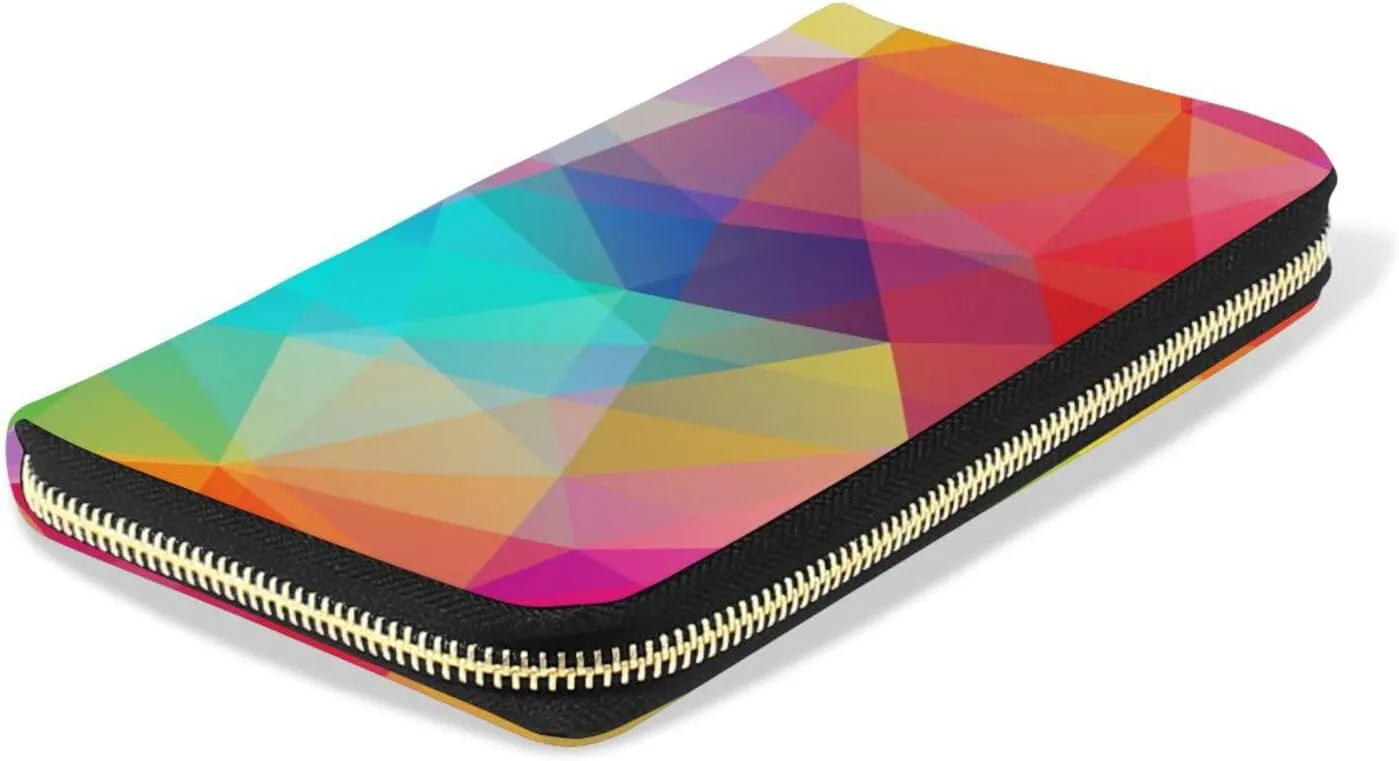 Abstract Seamless Triangles in Colorful Gradient Pattern Leather Long Wallet Organizer with Zipper Purse Clutch Bag for Women Men Key Card Coin Passport Checkbook 8 x 4 inch
