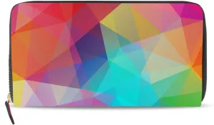 Abstract Seamless Triangles in Colorful Gradient Pattern Leather Long Wallet Organizer with Zipper Purse Clutch Bag for Women Men Key Card Coin Passport Checkbook 8 x 4 inch