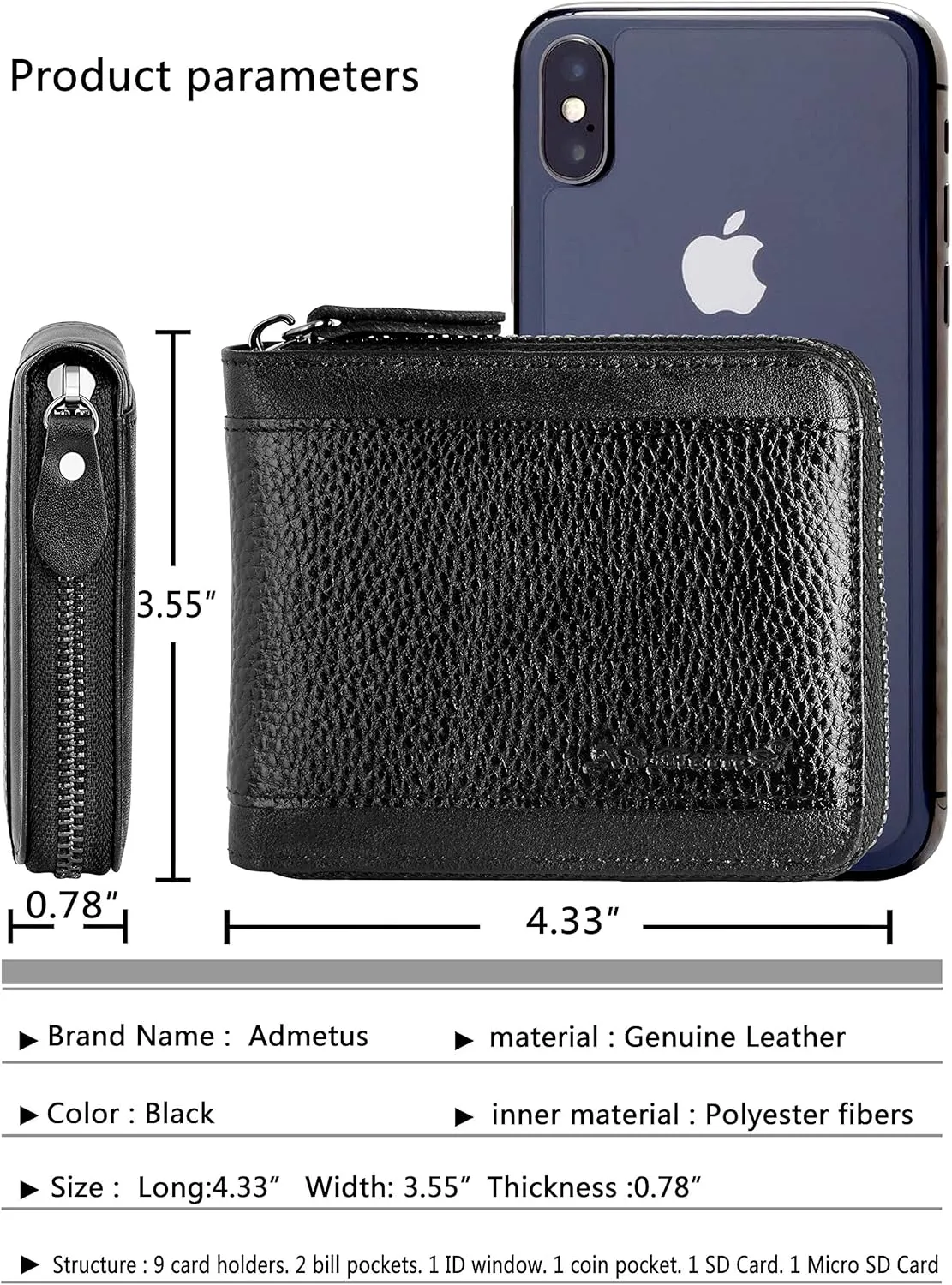 Admetus Mens RFID Blocking Wallets Zipper Leather Wallet for Men Bifold RFID Card Holder