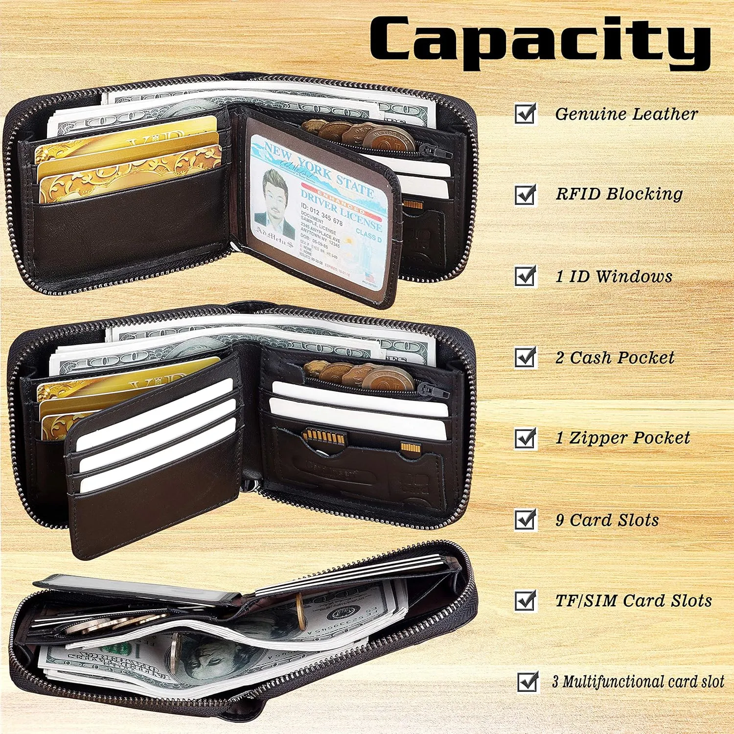 Admetus Mens RFID Blocking Wallets Zipper Leather Wallet for Men Bifold RFID Card Holder