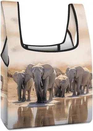 African Elephants Novelty Reusable Grocery Bag Fold-able Shopping Bags Washable Tote Lightweight Storage Pouch with Handle