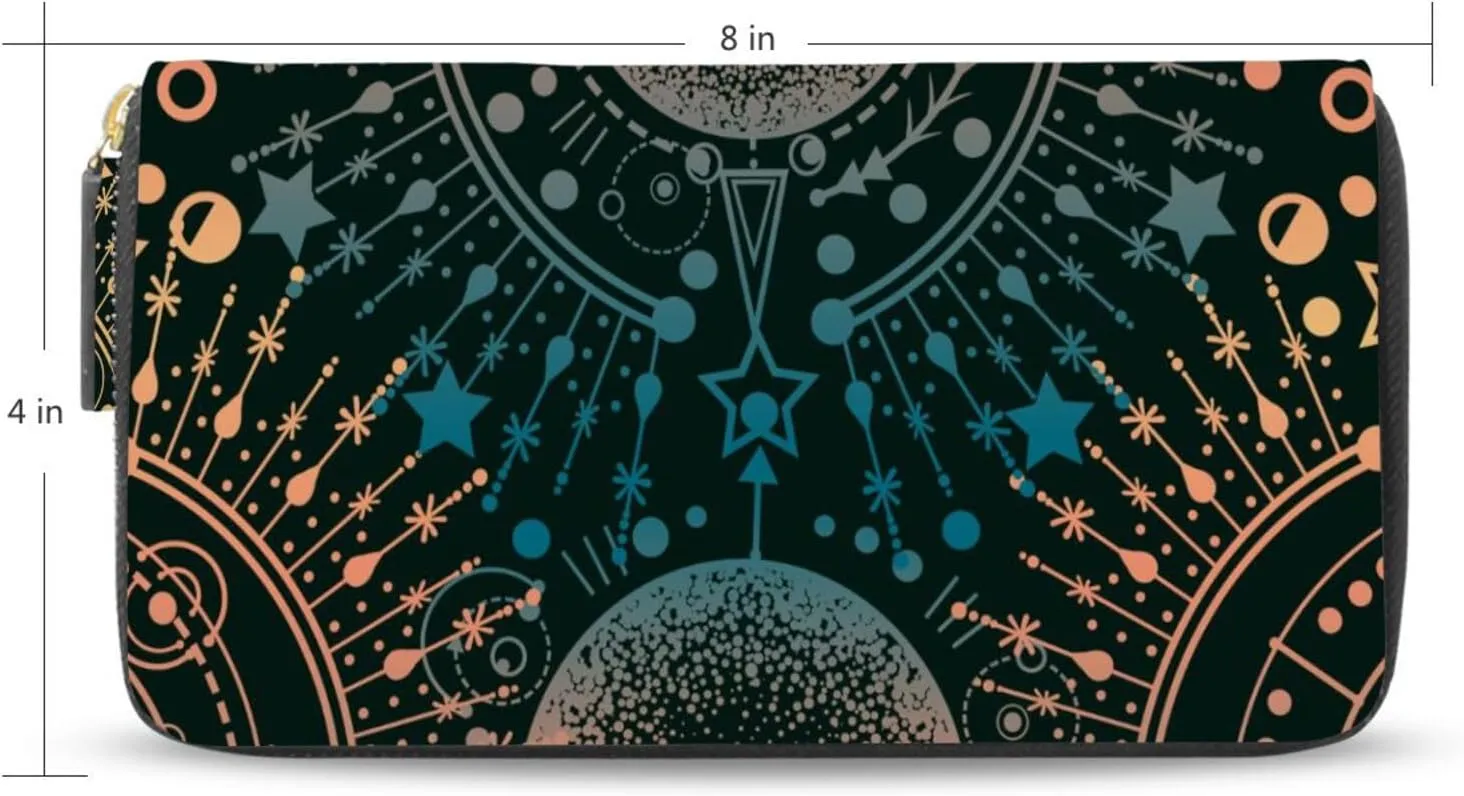 Alchemy, Magical Astrology, Spirituality and Occultism on Black Leather Long Wallet Organizer with Zipper Purse Clutch Bag for Women Men Key Card Coin Passport Checkbook 8 x 4 inch