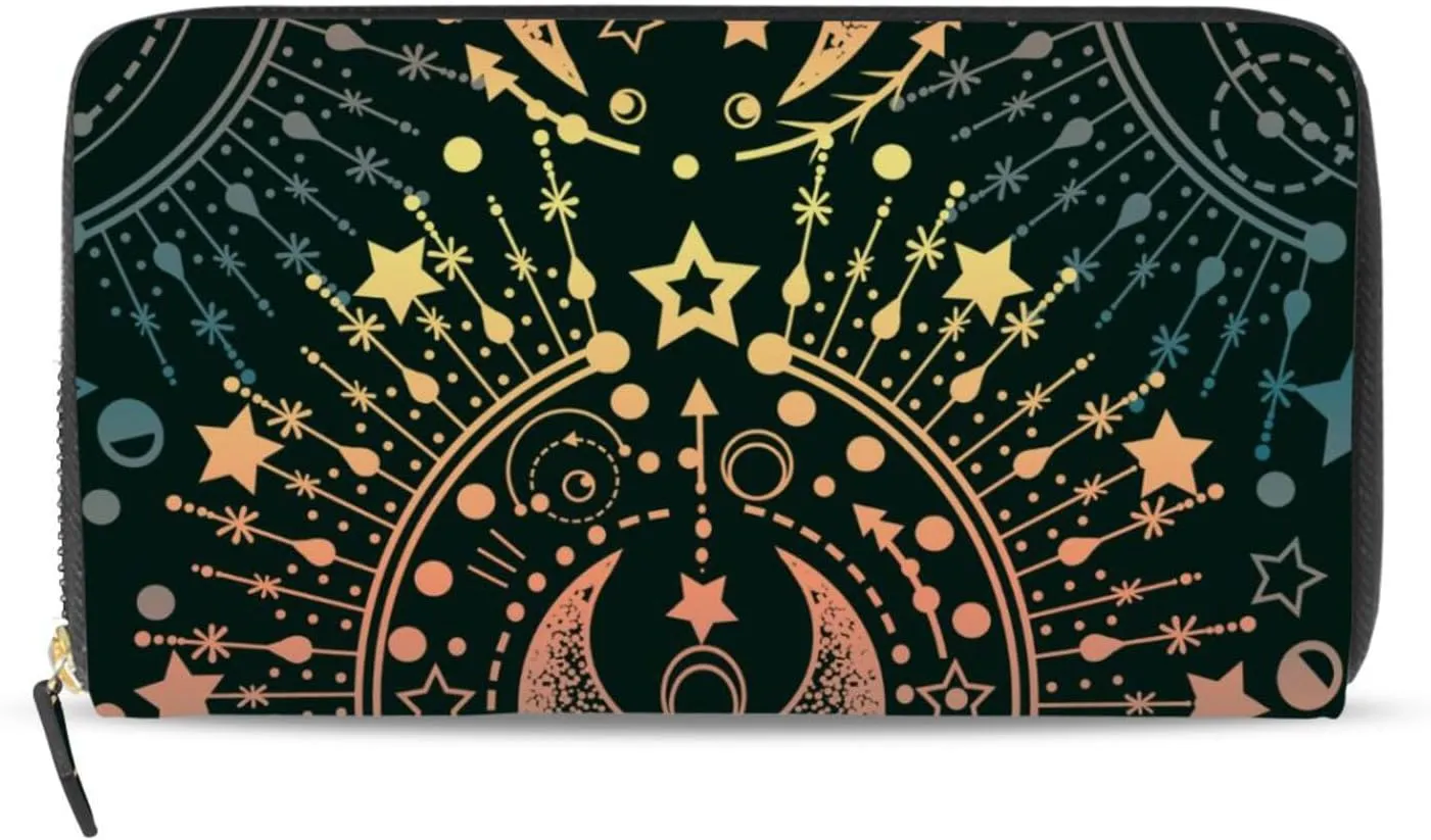 Alchemy, Magical Astrology, Spirituality and Occultism on Black Leather Long Wallet Organizer with Zipper Purse Clutch Bag for Women Men Key Card Coin Passport Checkbook 8 x 4 inch