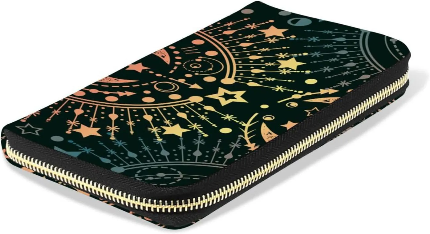 Alchemy, Magical Astrology, Spirituality and Occultism on Black Leather Long Wallet Organizer with Zipper Purse Clutch Bag for Women Men Key Card Coin Passport Checkbook 8 x 4 inch