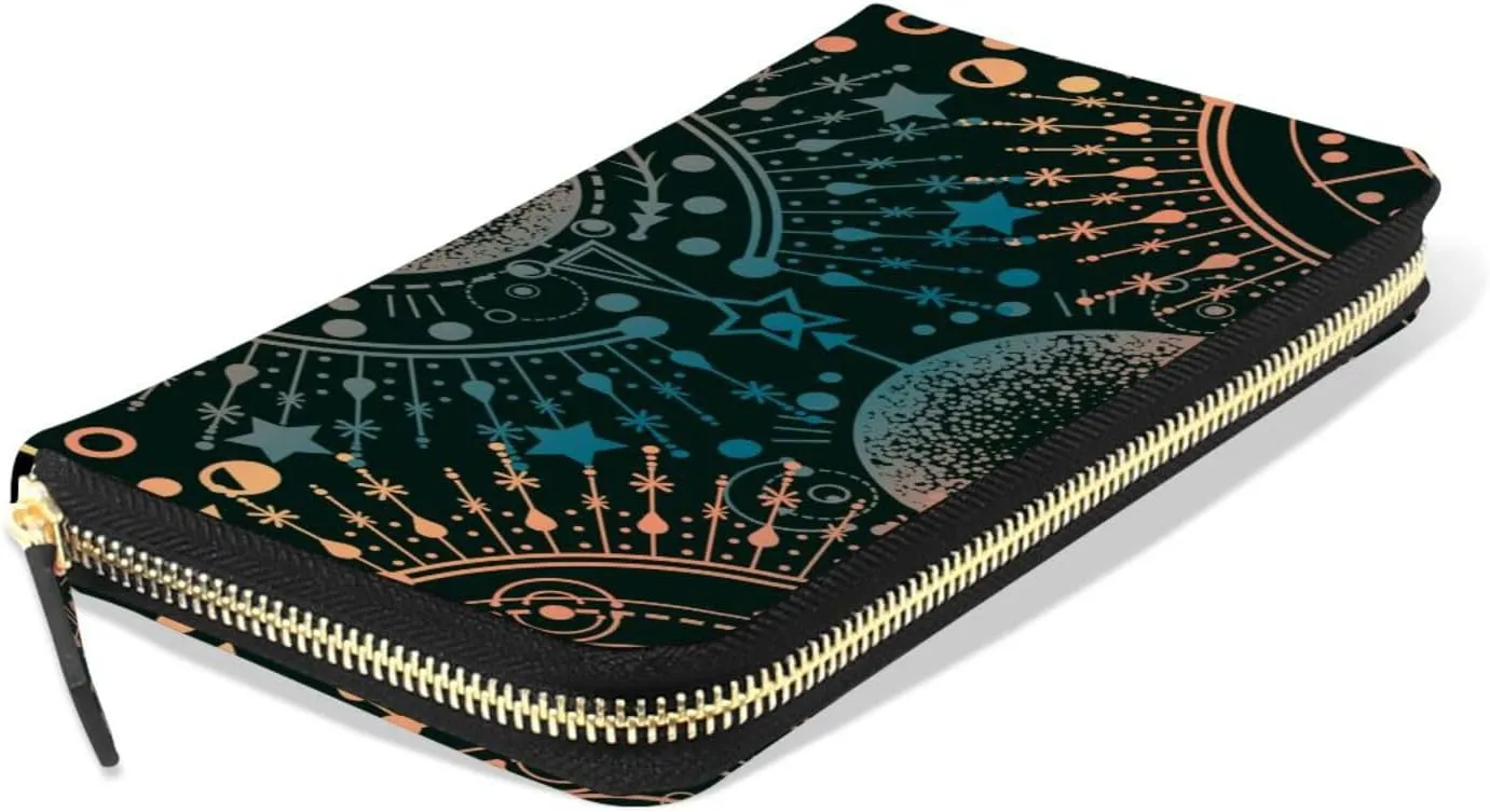 Alchemy, Magical Astrology, Spirituality and Occultism on Black Leather Long Wallet Organizer with Zipper Purse Clutch Bag for Women Men Key Card Coin Passport Checkbook 8 x 4 inch