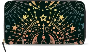 Alchemy, Magical Astrology, Spirituality and Occultism on Black Leather Long Wallet Organizer with Zipper Purse Clutch Bag for Women Men Key Card Coin Passport Checkbook 8 x 4 inch