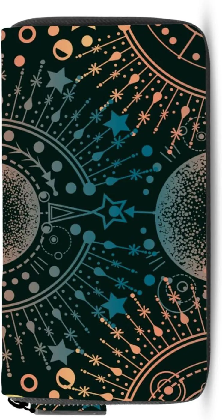 Alchemy, Magical Astrology, Spirituality and Occultism on Black Leather Long Wallet Organizer with Zipper Purse Clutch Bag for Women Men Key Card Coin Passport Checkbook 8 x 4 inch
