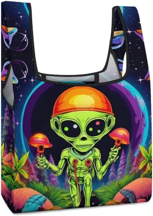 Aliens Novelty Reusable Grocery Bag Fold-able Shopping Bags Washable Tote Lightweight Storage Pouch with Handle