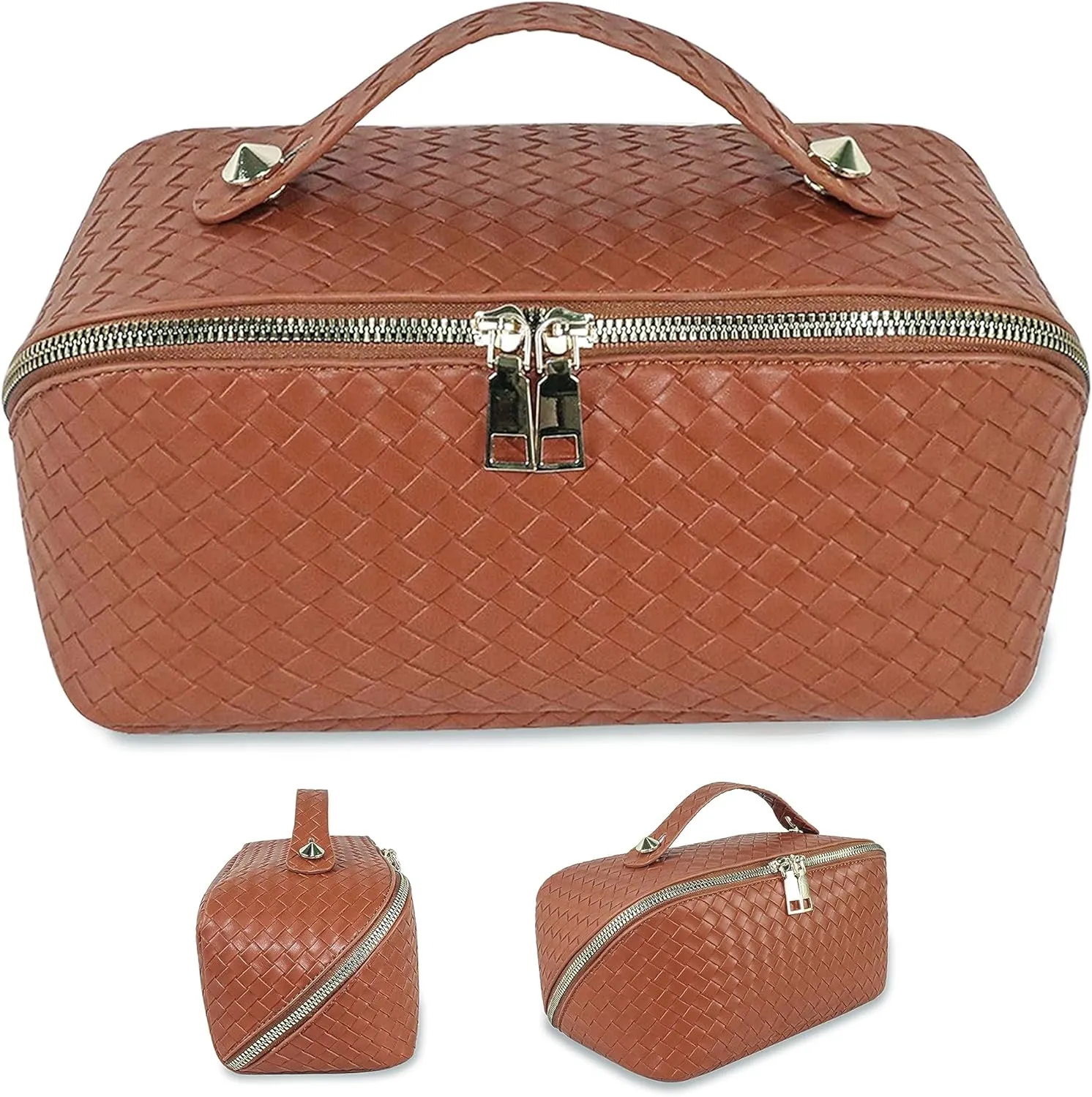 ALIYATO Large Capacity Travel Cosmetic Bag: Makeup Bag Large, Makeup Travel Bag Portable Leather Waterproof With Handle and Divider Flat Lay Makeup Bags for Women. brown checkered makeup bag