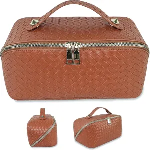 ALIYATO Large Capacity Travel Cosmetic Bag: Makeup Bag Large, Makeup Travel Bag Portable Leather Waterproof With Handle and Divider Flat Lay Makeup Bags for Women. brown checkered makeup bag