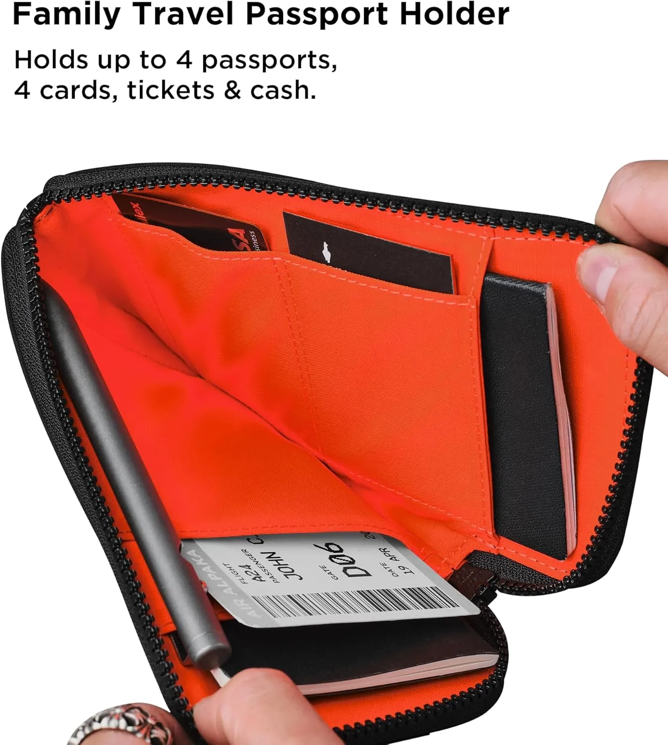 ALPAKA Zip Travel Wallet Black Axoflux 210D - RFID Passport Holder - Self Locking Zipper - Tear Resistant Material - Four Pockets and Two Card Slots - HUB Accessories Compatible