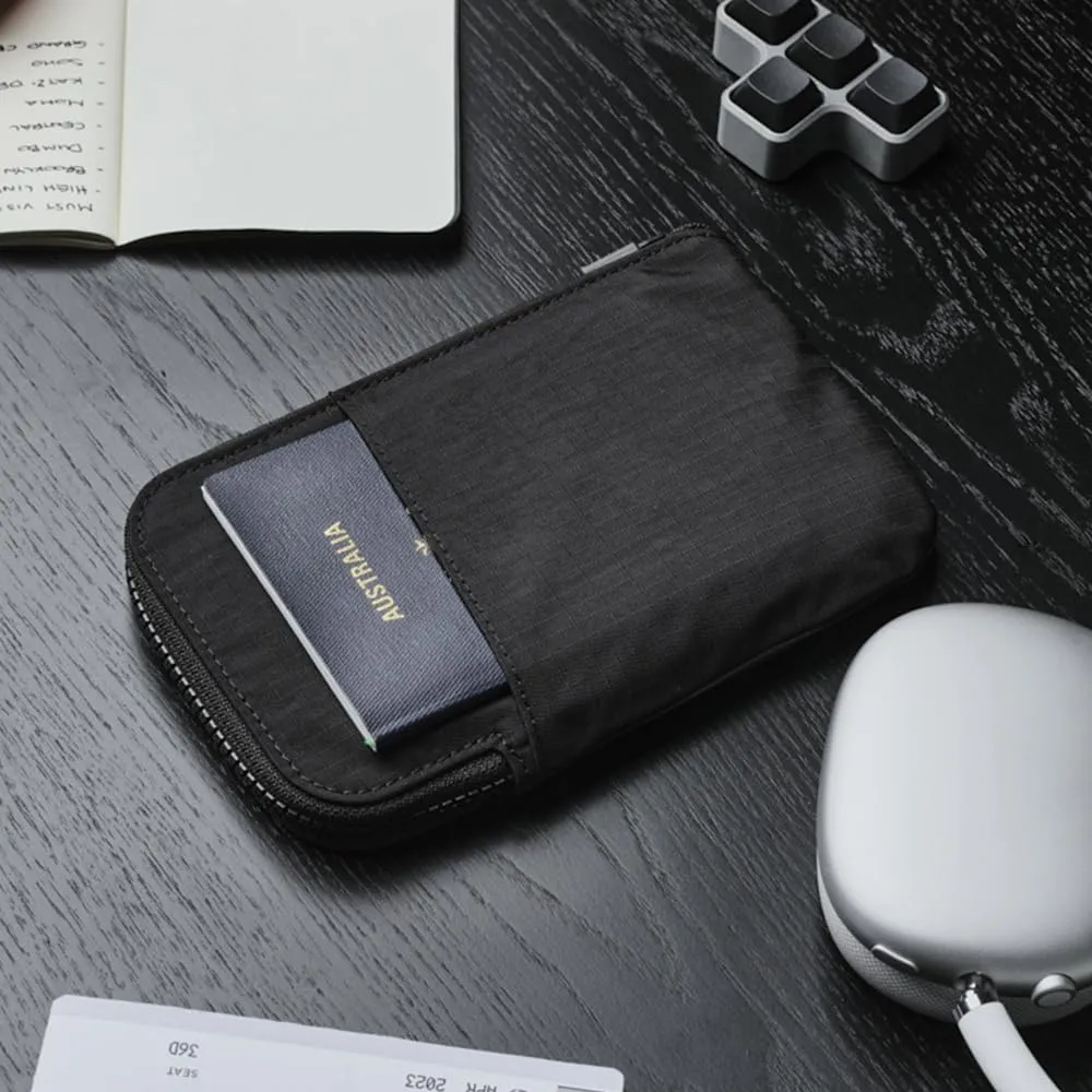 ALPAKA Zip Travel Wallet Black Axoflux 210D - RFID Passport Holder - Self Locking Zipper - Tear Resistant Material - Four Pockets and Two Card Slots - HUB Accessories Compatible