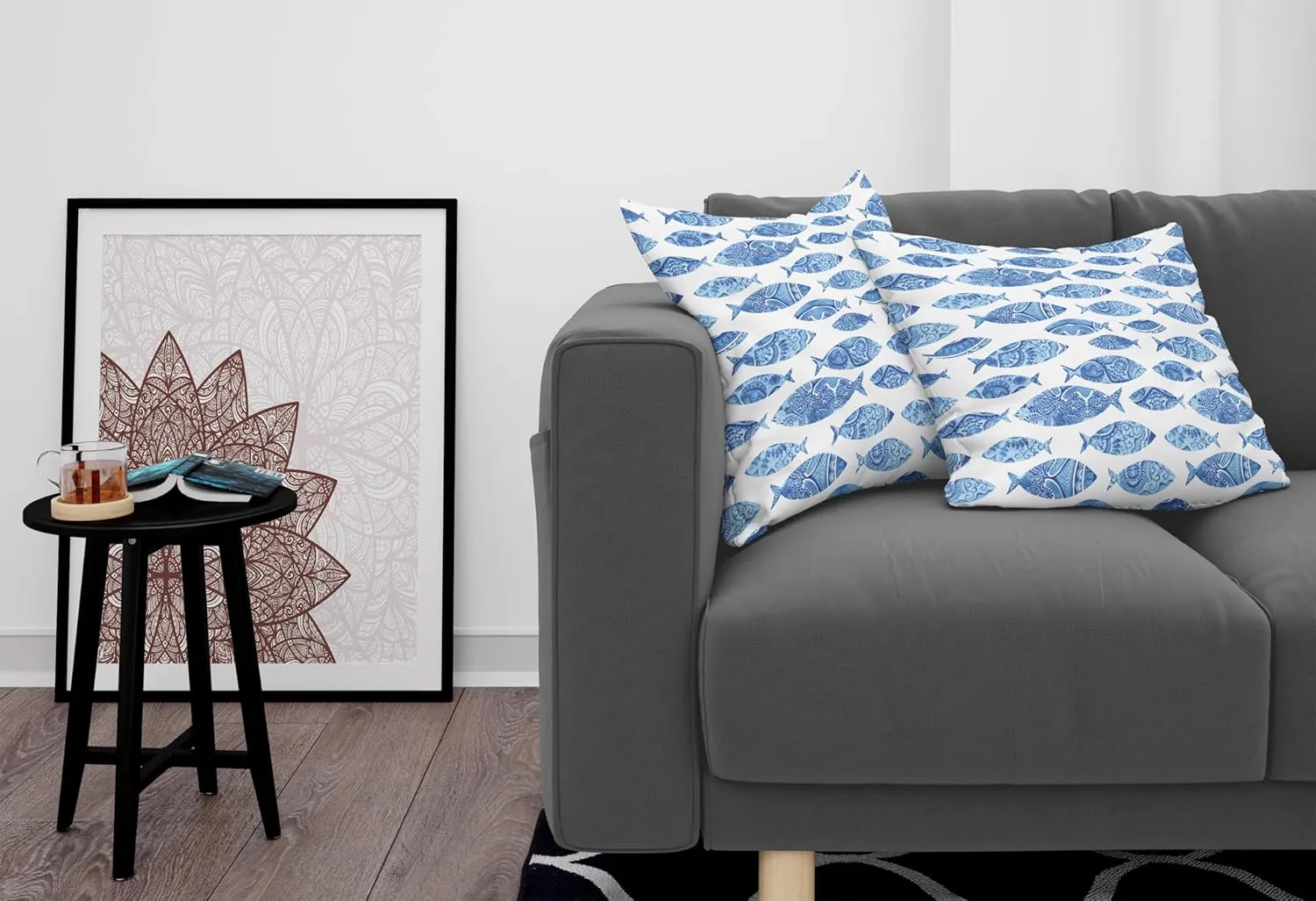 Ambesonne Blue Pillow Cushion Cover Pack of 2, Fish Sea Animal with Ottoman Ornate Mosaic Hand Drawn Style Marine Artwork, Rectangle Decor Accent Pillow Case, 2 Pcs-26" x 16", Blue