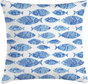 Ambesonne Blue Pillow Cushion Cover Pack of 2, Fish Sea Animal with Ottoman Ornate Mosaic Hand Drawn Style Marine Artwork, Rectangle Decor Accent Pillow Case, 2 Pcs-26" x 16", Blue