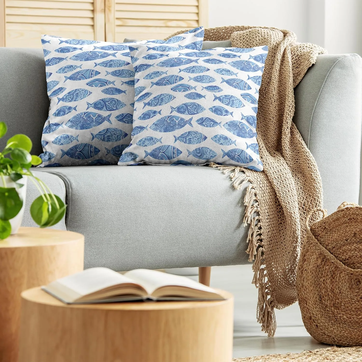 Ambesonne Blue Pillow Cushion Cover Pack of 2, Fish Sea Animal with Ottoman Ornate Mosaic Hand Drawn Style Marine Artwork, Rectangle Decor Accent Pillow Case, 2 Pcs-26" x 16", Blue