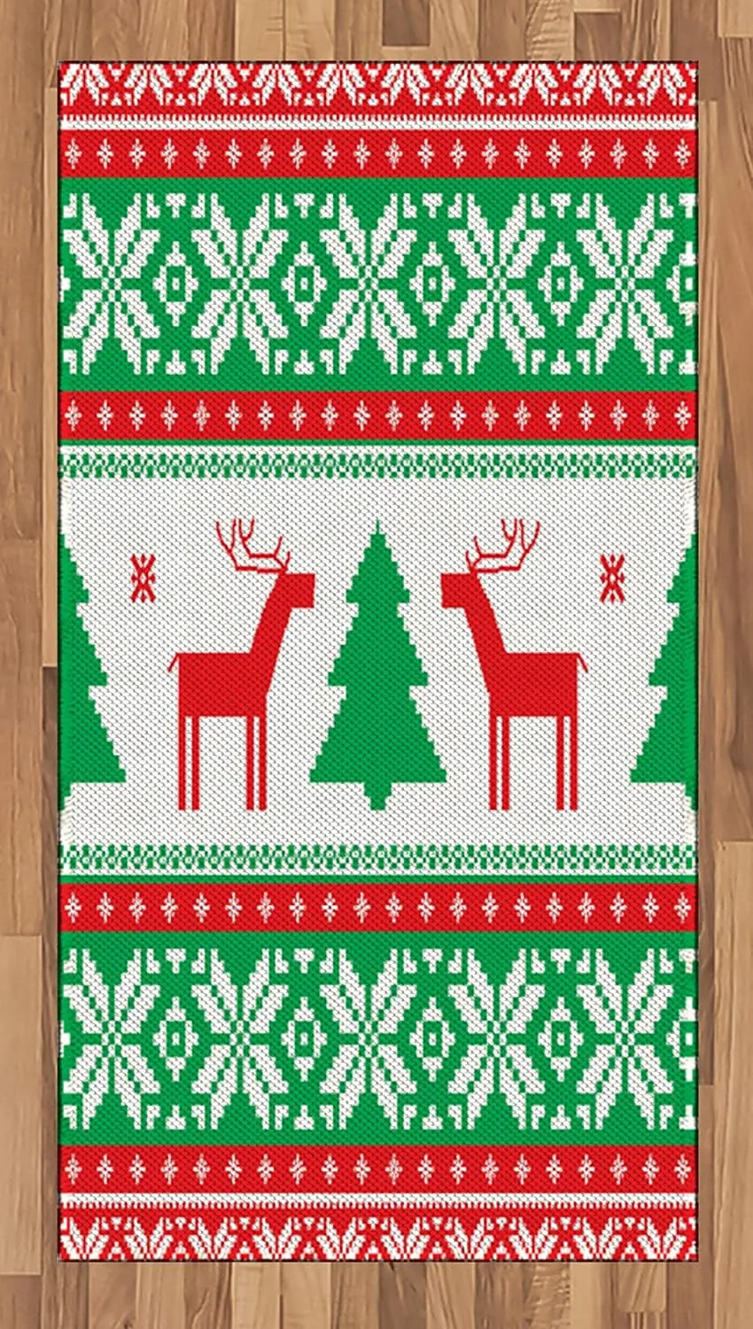 Ambesonne Christmas Area Rug, Knit Style Graphic Reindeer Star and Snowflake Holiday Family Theme, Flat Woven Accent Rug for Living Room Bedroom Dining Room, 2.6' x 5', White Green