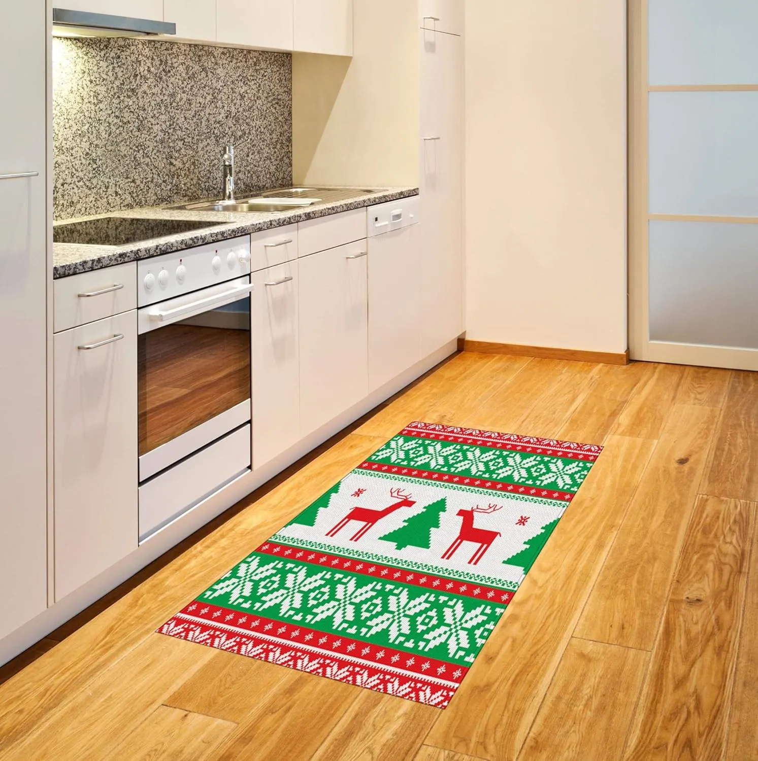 Ambesonne Christmas Area Rug, Knit Style Graphic Reindeer Star and Snowflake Holiday Family Theme, Flat Woven Accent Rug for Living Room Bedroom Dining Room, 2.6' x 5', White Green