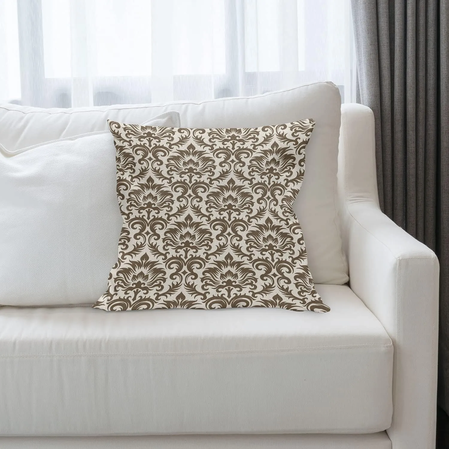 Ambesonne Damask Throw Pillow Cushion Case, Floral Damask Featuring Scrolled Motifs Antique Victorian Style Old Country, Decorative Square Accent Pillow Cover, 16" X 16", Army Green Cream