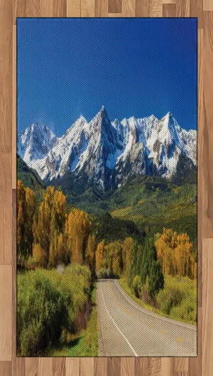 Ambesonne Evergreen Area Rug, Countryside Landscape Scene of Snow Capped Mountains and Path into The Woods, Flat Woven Accent Rug for Living Room Bedroom Dining Room, 2' 6" x 5', Multicolor