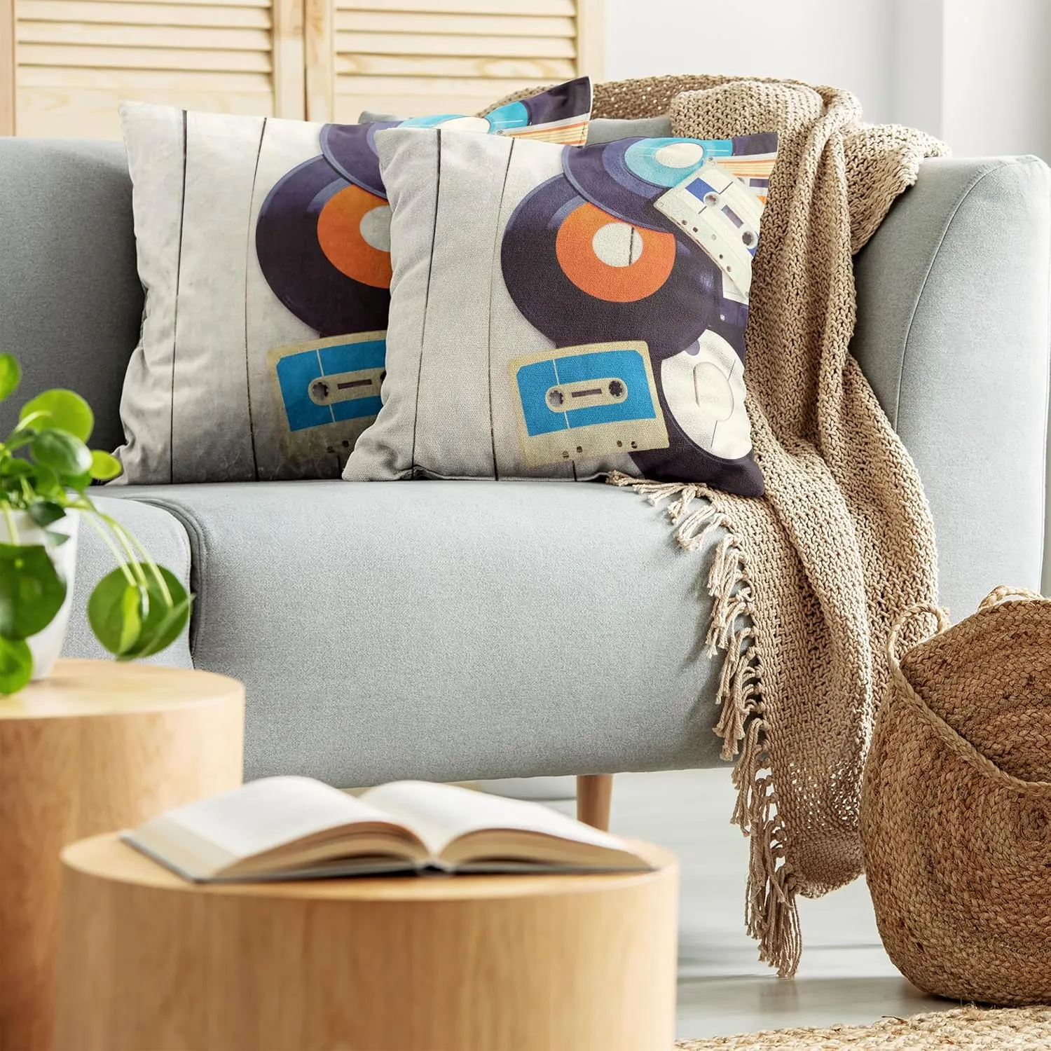 Ambesonne Indie Pillow Cushion Cover Pack of 2, Gramophone Records and Old Audio Cassettes on Wooden Table Nostalgia Music, Decorative Square Accent Pillow Case, 2 Pcs-16" x 16", Blue Orange Black