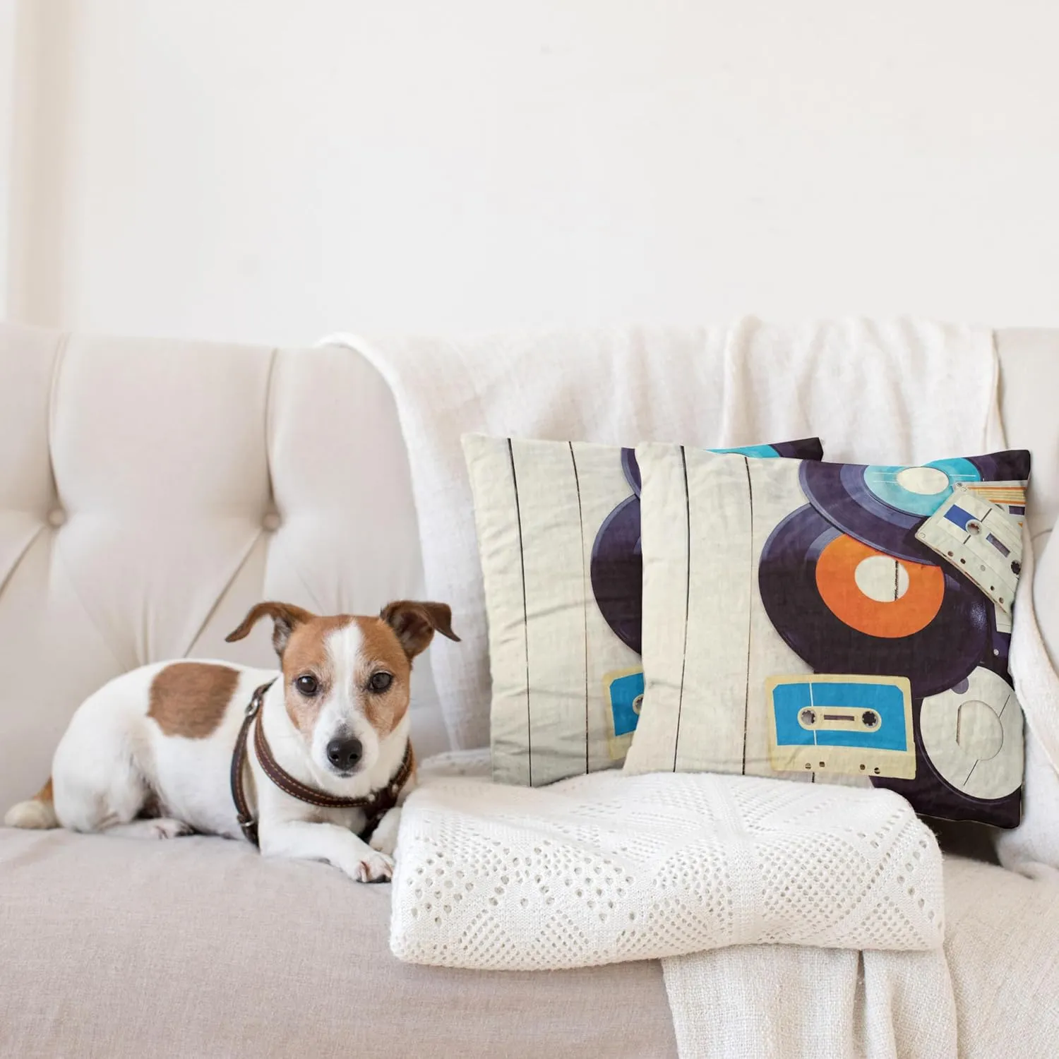 Ambesonne Indie Pillow Cushion Cover Pack of 2, Gramophone Records and Old Audio Cassettes on Wooden Table Nostalgia Music, Decorative Square Accent Pillow Case, 2 Pcs-16" x 16", Blue Orange Black