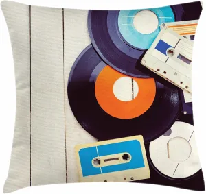 Ambesonne Indie Pillow Cushion Cover Pack of 2, Gramophone Records and Old Audio Cassettes on Wooden Table Nostalgia Music, Decorative Square Accent Pillow Case, 2 Pcs-16" x 16", Blue Orange Black