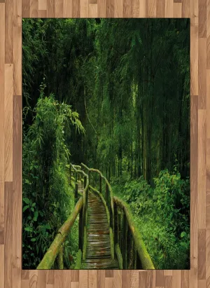Ambesonne Jungle Area Rug, Freshness Tropical Thailand Forest with Wooden Bridge Foliage Meditation Calm Landscape, Flat Woven Accent Rug for Living Room Bedroom Dining Room, 4' X 5' 7", Green